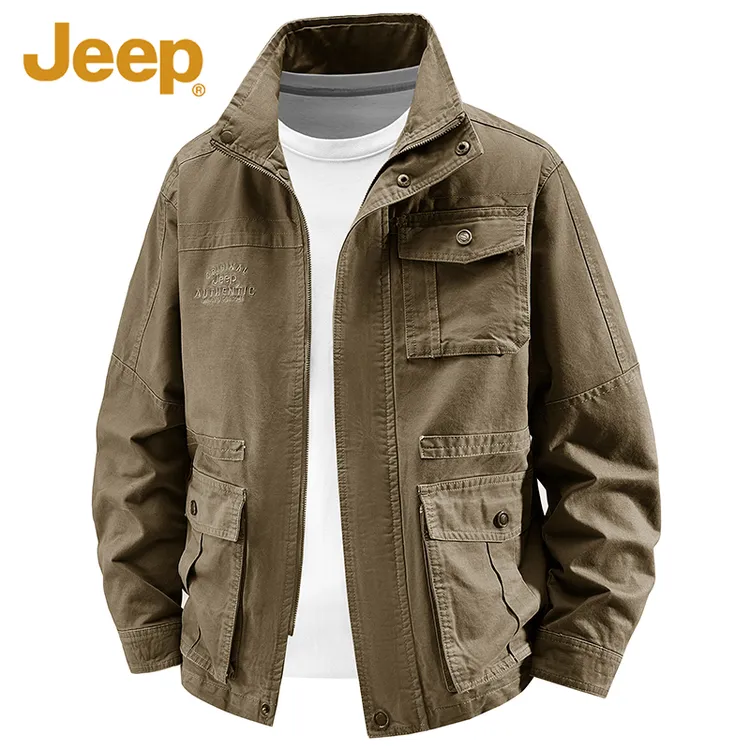 Jeep吉普2025秋季新款纯棉夹克男士休闲中长款立领多口袋工装外套