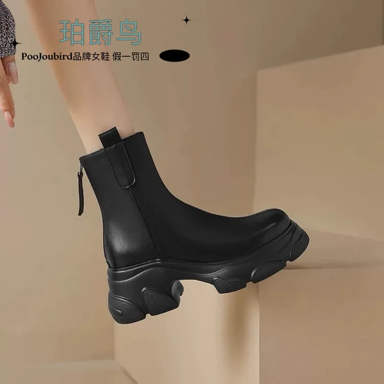 【珀爵鸟】厚底粗跟拉链漆皮冬季学院风短靴秋冬烟筒靴单靴女靴