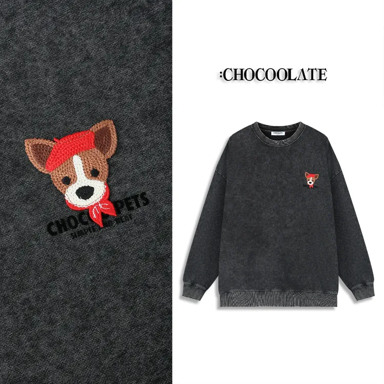 【李晨nic专属】it:CHOCOOLATE复古水洗刺绣情侣圆领卫衣1410311