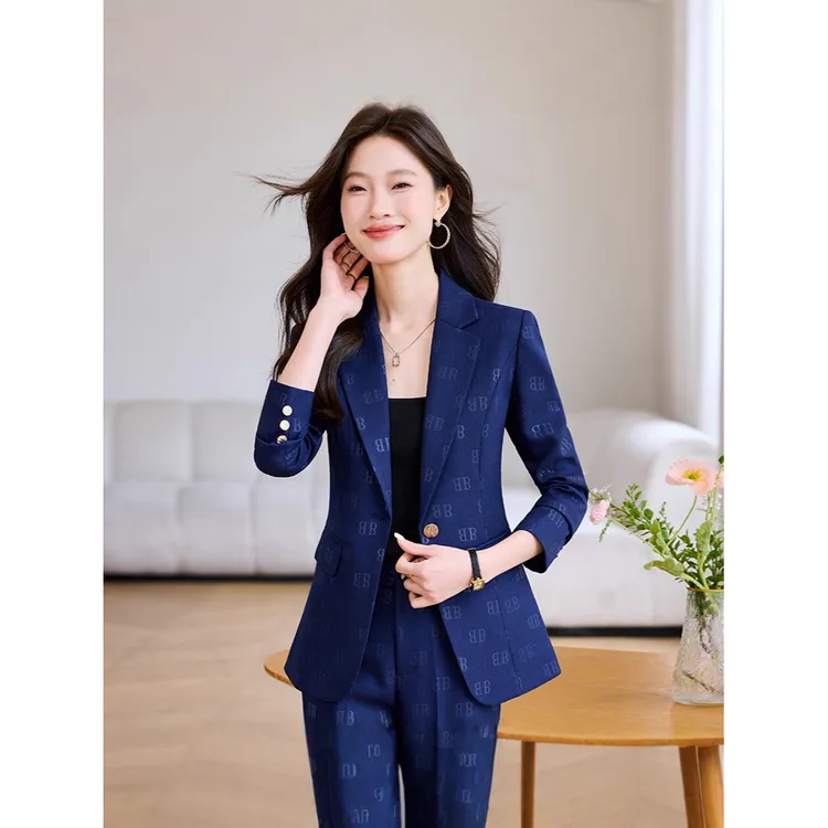 高级感蓝色长袖小西装领外套女裤子职业休闲秋冬季新款时尚通勤潮