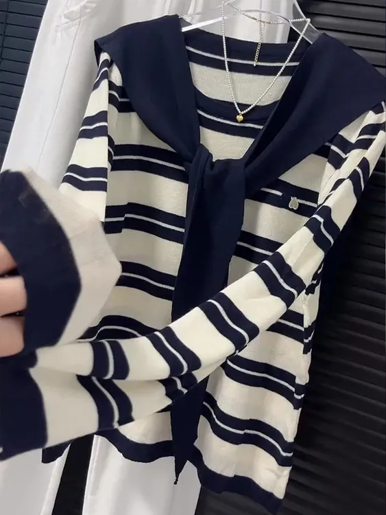 韩版长袖披肩圆领纯色拼色条纹上衣女2025早秋简约减龄显瘦针织衫