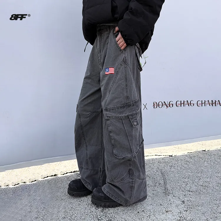 8FF大不相同/灰色弯刀时尚工装裤个性美式结构长裤百搭宽松休闲裤