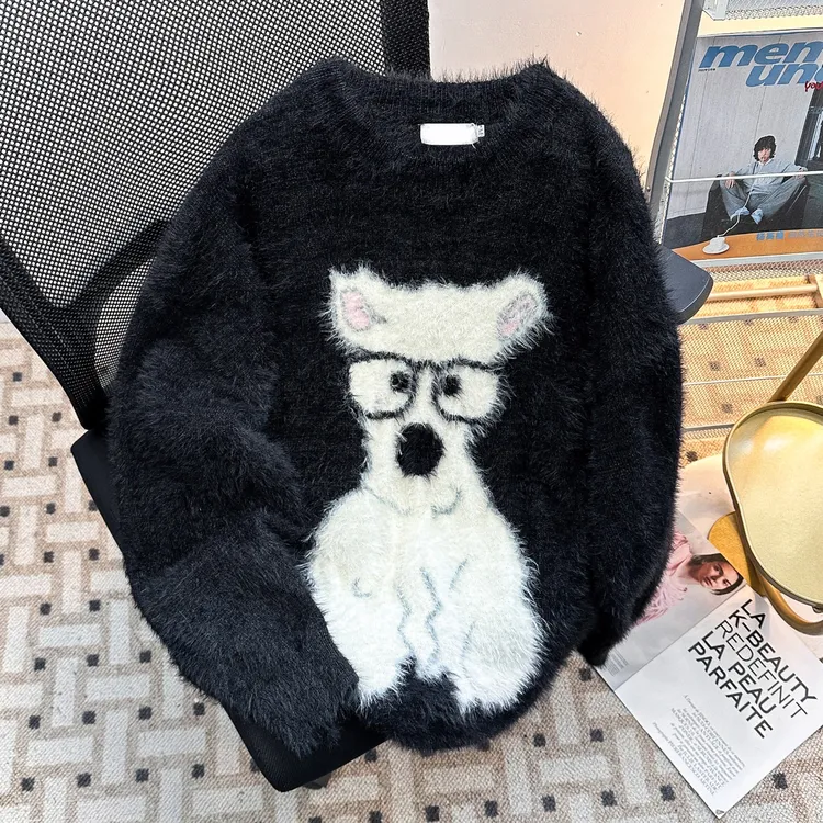 软糯小狗毛衣秋冬季情侣装美式复古仿貂毛慵懒风男女针织衫上衣