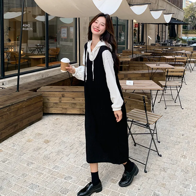 休闲显瘦衬衫马甲连帽连衣裙套装女2025秋季新款百搭极简风两件套