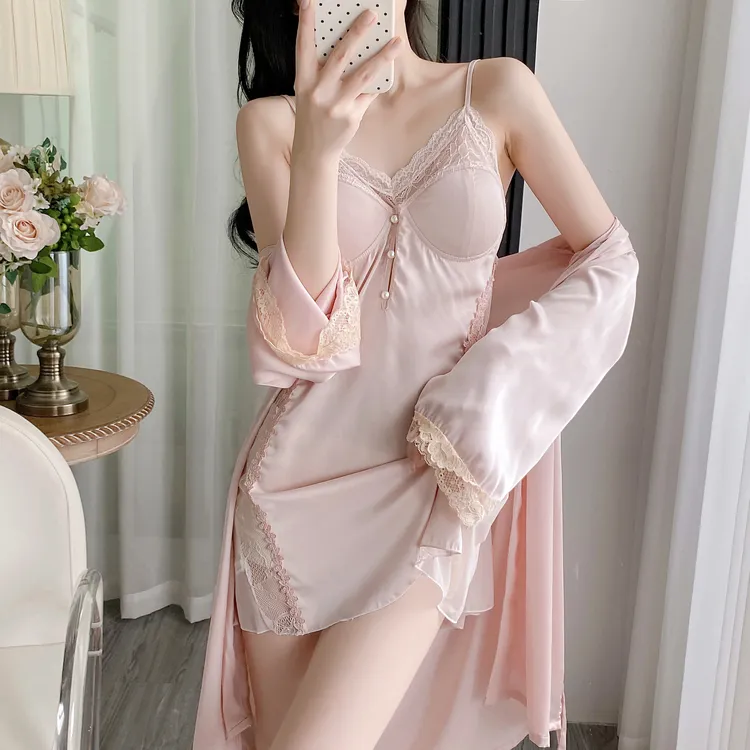 【夜色蔷薇】性感蕾丝睡裙缎面一体胸垫蕾丝美背显瘦吊带女家居服