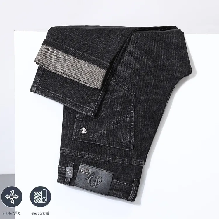 秋冬加厚轻奢男士牛仔裤宽松休闲百搭商务弹力直筒长裤高腰裤子