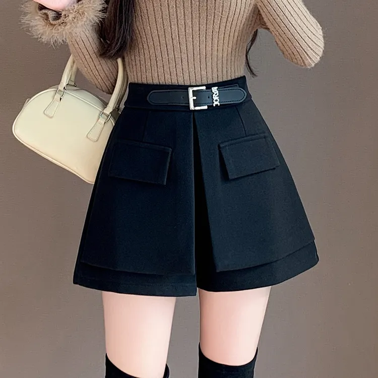 工装毛呢短裤女秋冬新款韩版高腰显瘦休闲假两件裙裤打底阔腿靴裤