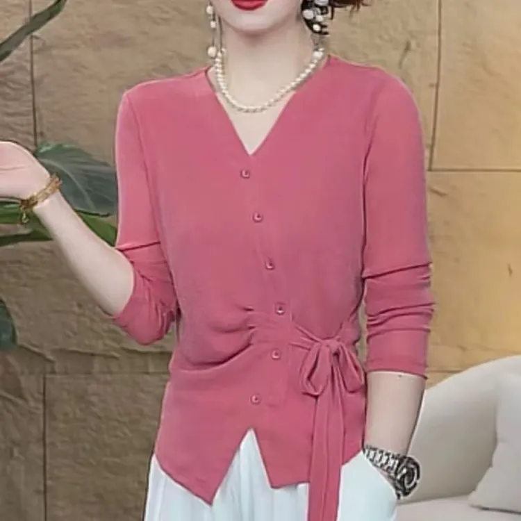 秋季新款爆款纯色百搭弹力网纱时尚洋气修身显瘦长袖纽扣妈妈装