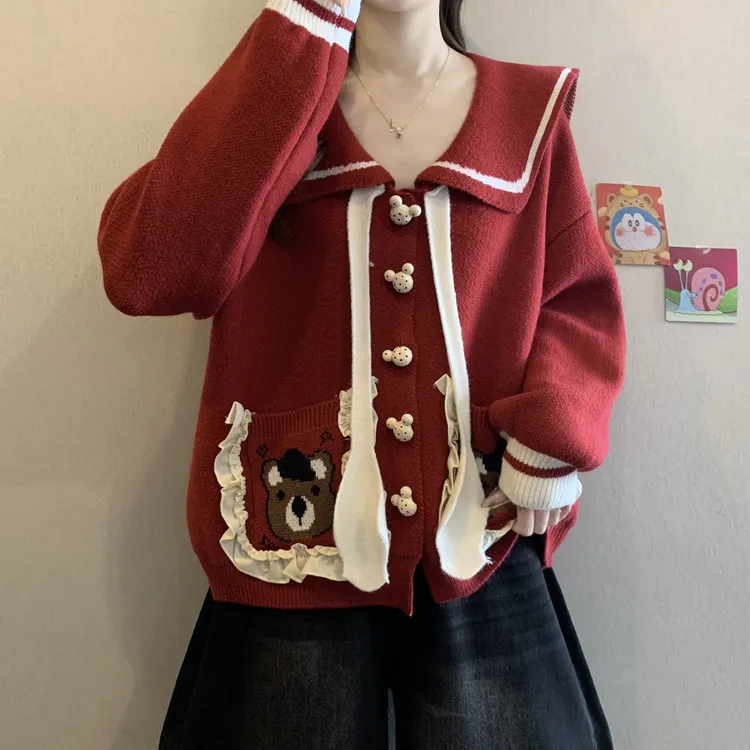 女士秋冬洋气卡通学院风海军领针织大码胖人超美常规长袖聚酯纤维