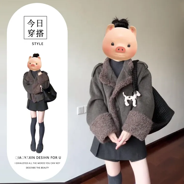 韩系高级感穿搭套装秋冬季立领打底衫加厚呢子外套a字裙裤三件套