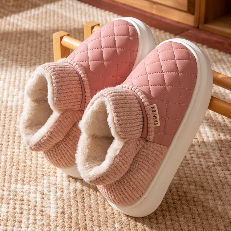 防水棉拖鞋女士冬季新款高帮外穿防滑包跟厚底毛绒保暖棉鞋男