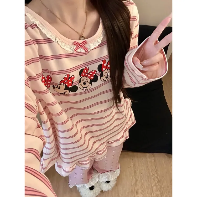 可爱少女卡通米奇蕾丝拼接舒适睡衣女软糯舒适德绒秋冬保暖家居服