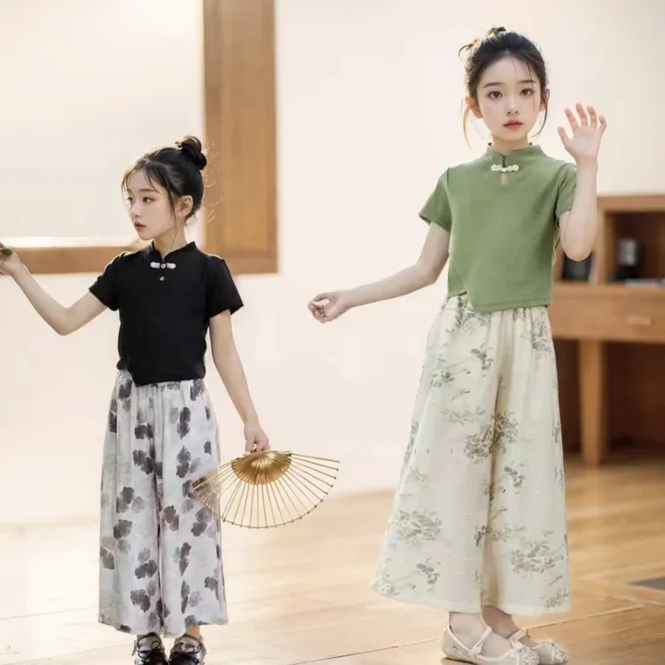新中式国风套装女童夏季复古洋气新款盘扣短袖阔腿长裤两件套童装