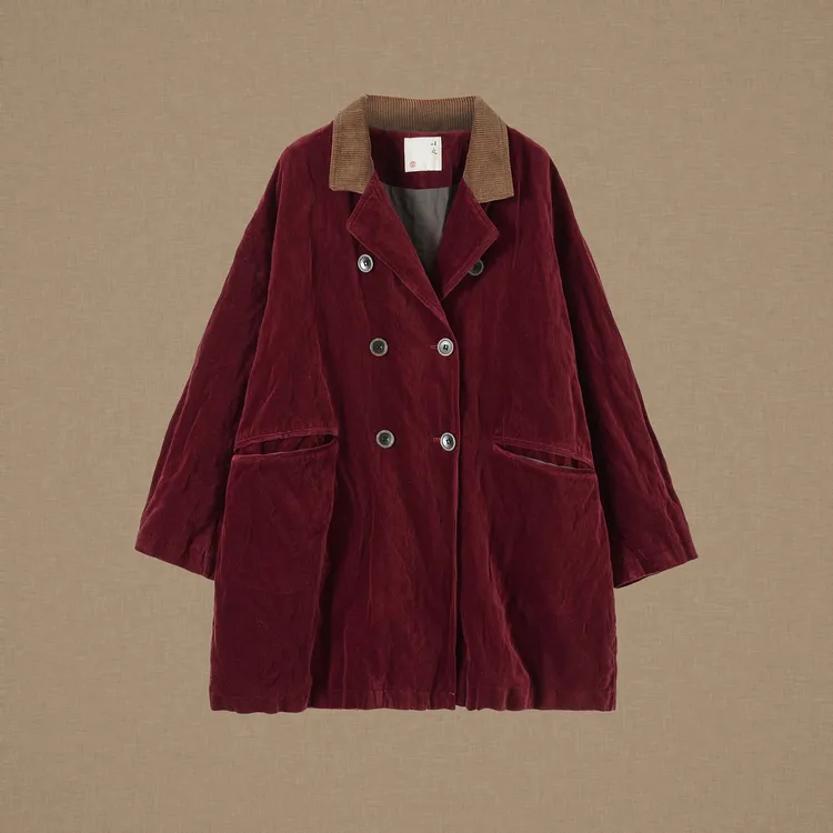 【以之】设计师原创复古梭织古法绒双层翻领双排扣宽松大码外套
