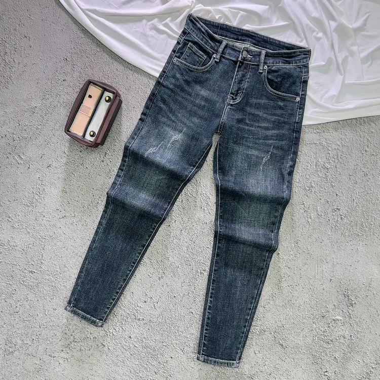 男士复古蓝色牛仔裤九分秋冬加绒加厚韩版修身小脚水洗弹力长裤子