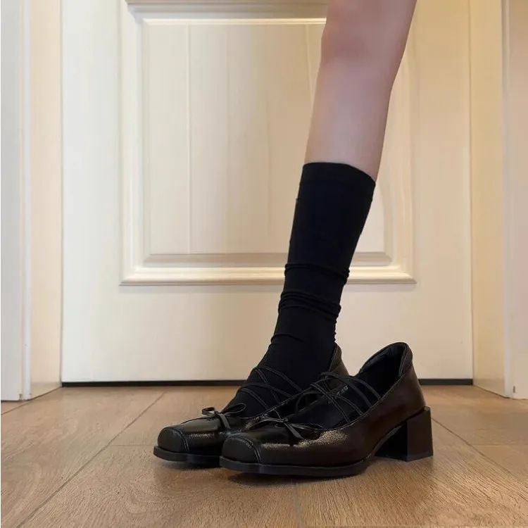 羊皮版~法式复古方头粗跟玛丽珍鞋2025新款蝴蝶结浅口芭蕾舞单鞋