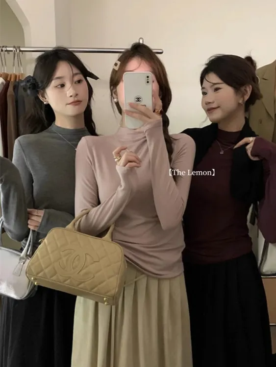 基础款修身显瘦灰色半高领长袖T恤女秋冬正肩叠穿内搭上衣打底衫