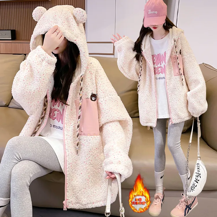 可爱连帽羊羔毛绒棉服女冬季加厚时尚洋气宽松大码中大童外套棉袄