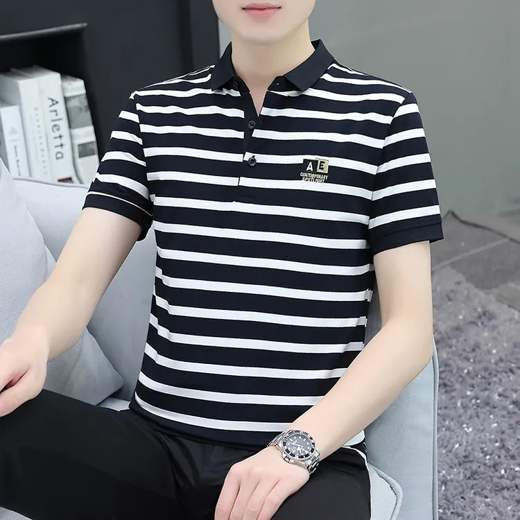高档夏季短袖polo衫男潮流韩版翻领t恤男士休闲商务条纹半袖上衣