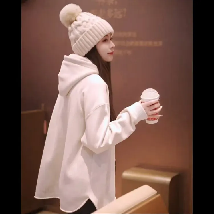 小个子连帽加绒加厚中长款卫衣女装秋冬打底衫上衣