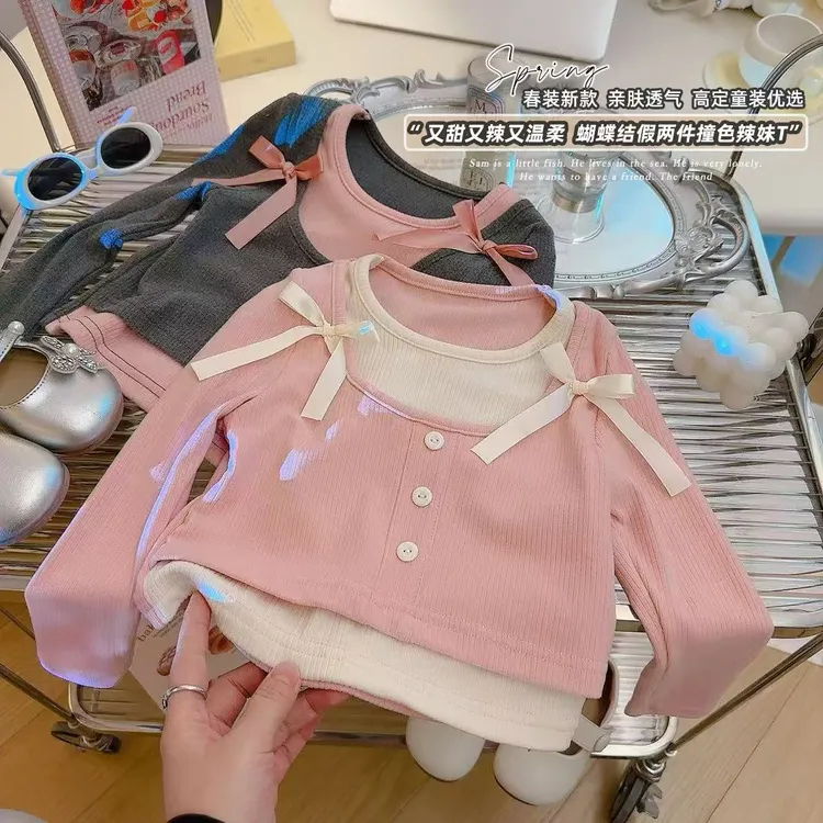 2025秋季新款女童甜美假两件打底衫蝴蝶结T恤