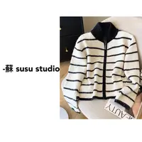 JS韩系撞色条纹拉链毛衣女宽松针织开衫设计感高领上衣0956