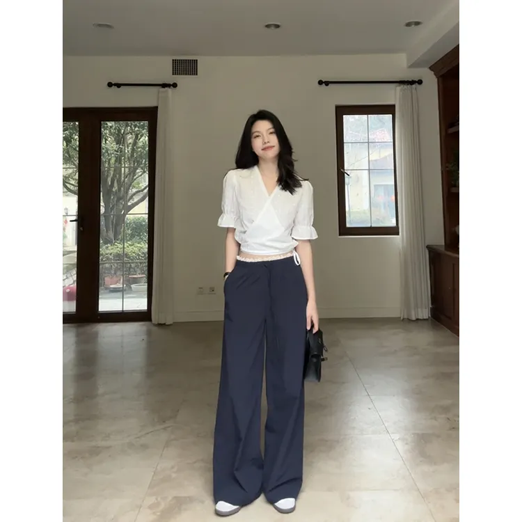 郭九九呢 100%棉甜美刺绣绑带显瘦衬衫拼接直筒休闲裤 G925A02248