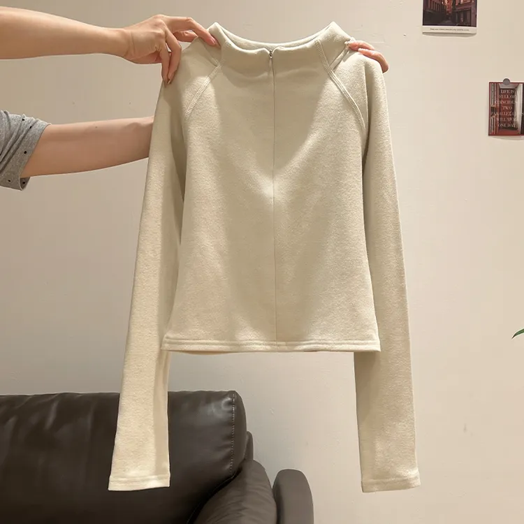 夏珍杏色磨毛加绒半高领拉链长袖女秋冬新款德绒保暖内搭修身上衣