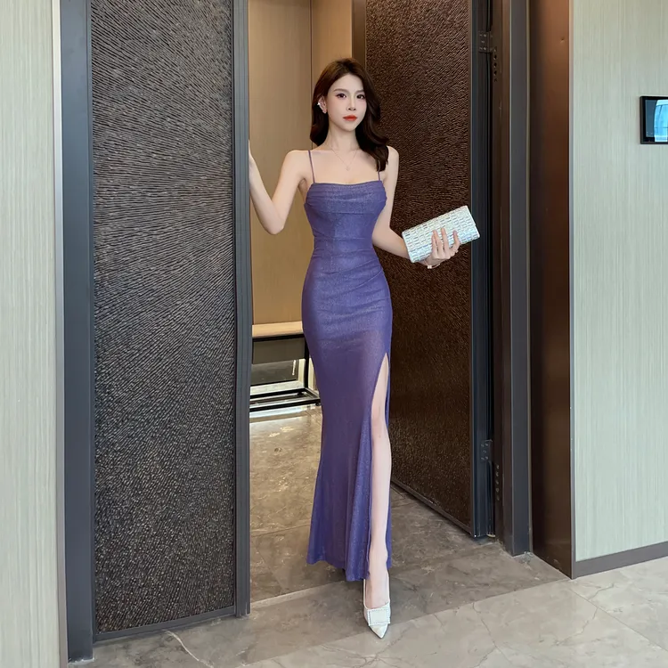 夜总店纯欲吊带紫色晚礼服吊带按摩桑拿足浴技师工服夜场KTV长款