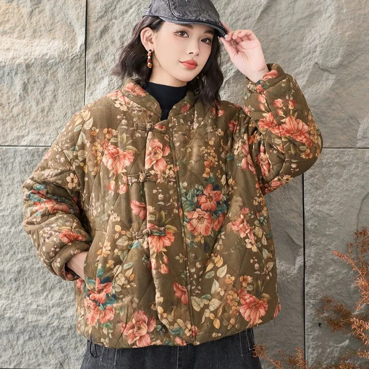 中老年妈妈棉服棉麻复古民族风花棉袄绗棉加绒加棉厚款宽松棉衣