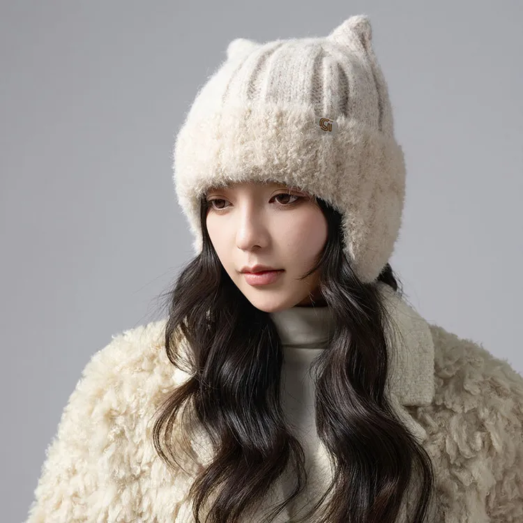 日系猫耳朵毛线帽子女秋冬季百搭保暖可爱防寒冷帽加厚护耳针织帽