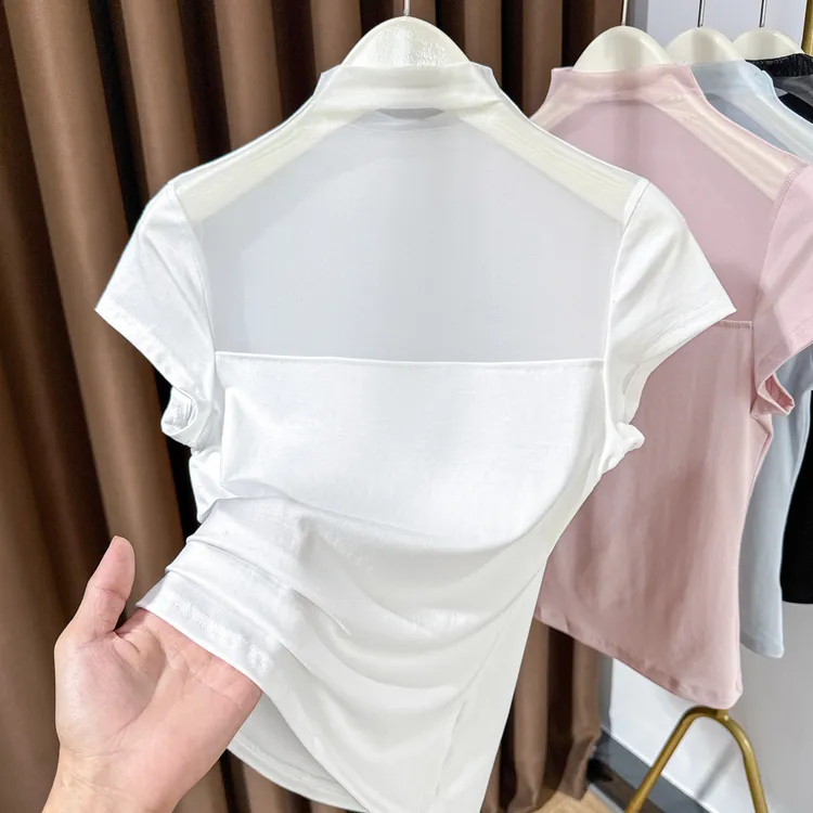 半高领修身短袖内搭打底衫2025夏季爆款纯色无袖圆领T恤薄款上衣