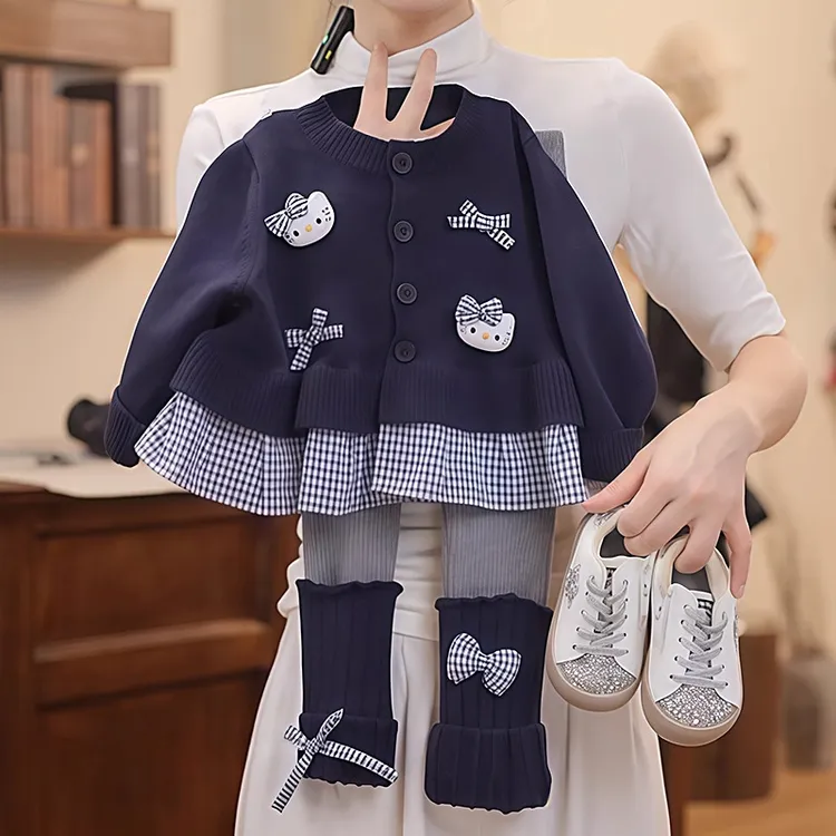 女童花边毛衣打底裤套装春秋2025新款年服格子拼接针织开衫堆堆袜
