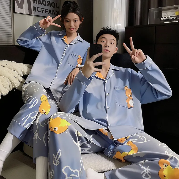 春秋季情侣睡衣男青年长袖长裤秋冬季大码可外穿男女士家居服套装