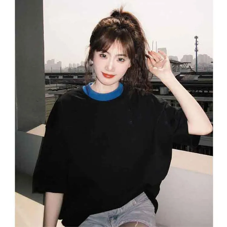 穿搭黑色宽松大版洋气短袖恤女夏季中长款遮屁股上衣T恤女装