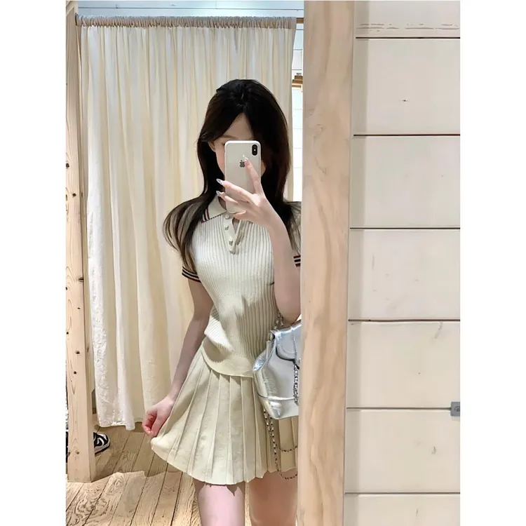 美式学院风针织领短袖恤女夏季新款高腰百褶半身裙时尚套装