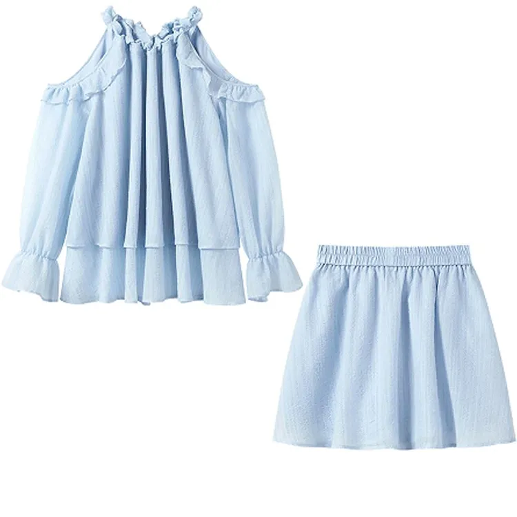 2025夏季法式爆款设计感挂脖长袖露肩上衣肌理感裙裤高级感两件套