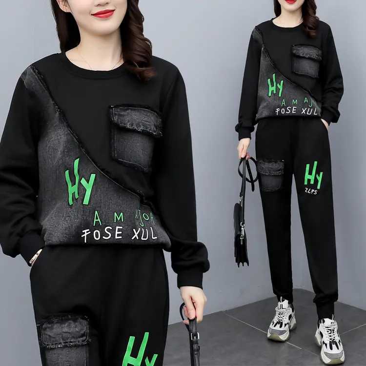 NSY 秋季套装出游服装女休闲时尚圆领拼接牛仔字母印花大码二件套
