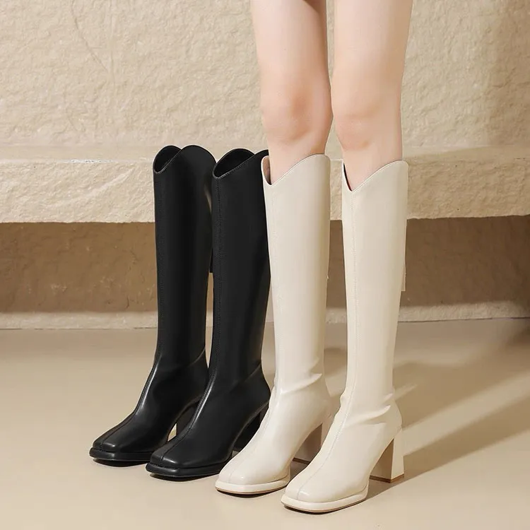 白色长筒靴子女冬季小个子2025年新款高筒高跟英伦风长靴秋冬加绒
