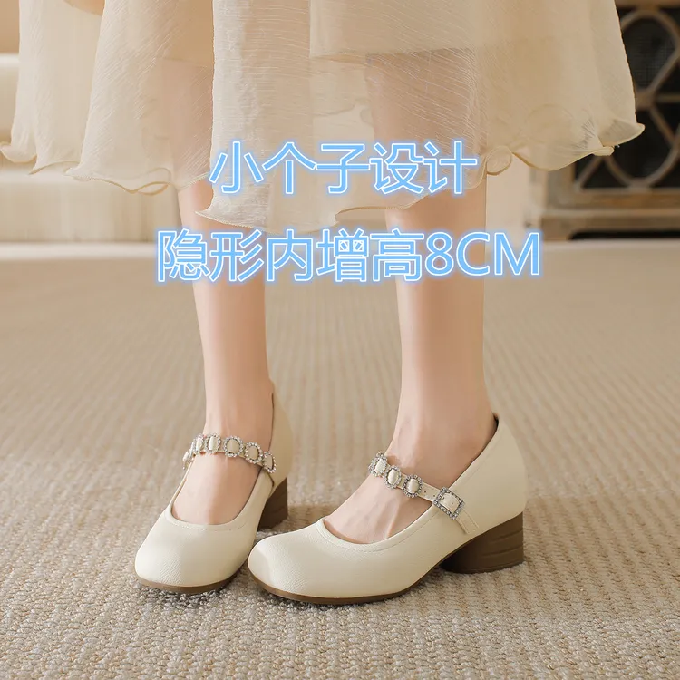 真皮版！8cm内增高米白色玛丽珍鞋女小个子法式复古一字带浅口单鞋
