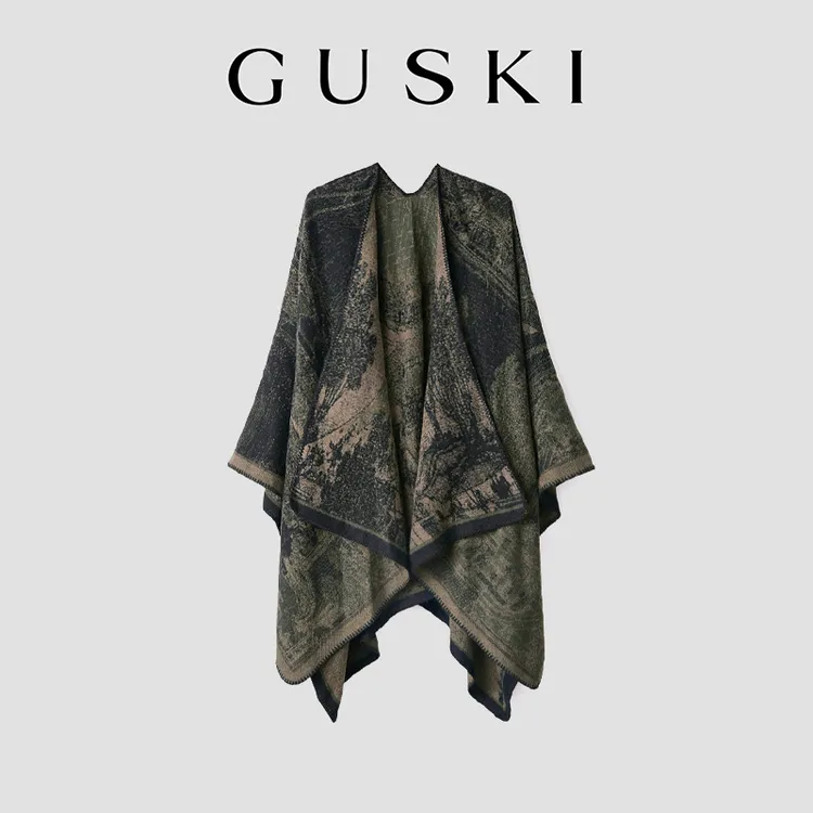 GUSKI 披肩民族风百搭流苏花卉时尚传统中国风旅游外搭双面女围巾