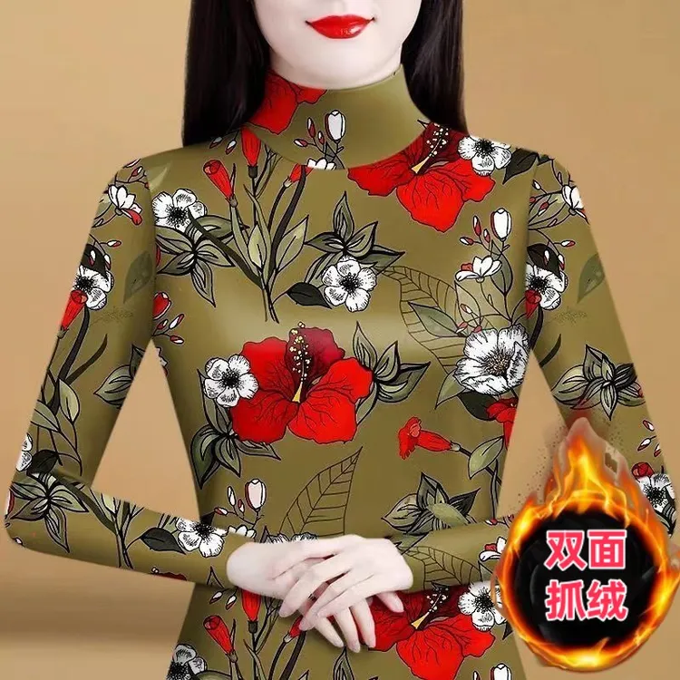 莲叶涤半高领双面抓绒打底衫女装秋冬季新款洋气条纹中年修身内搭