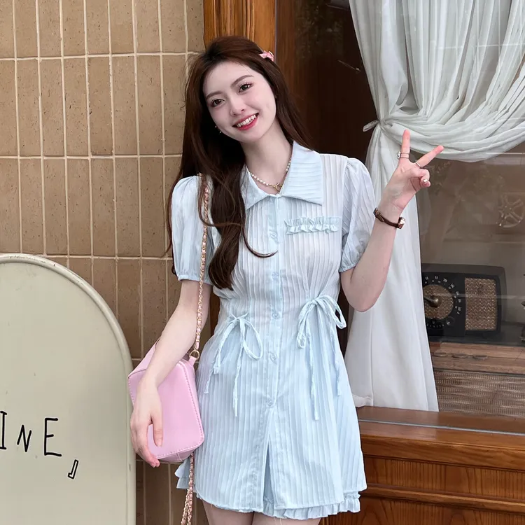 法式绑带设计感收腰短袖蓝色衬衫连衣裙高腰打底短裤夏季两件套女