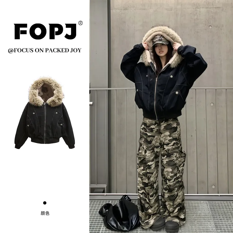 FOPJ美式复古座山雕冬季新款派克棉服加厚棉袄设计感毛领工装外套