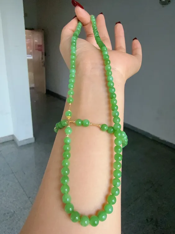 天然和田玉碧玉粉绿套装 规格6mm 通体18k金配件碧玉手链碧玉项链