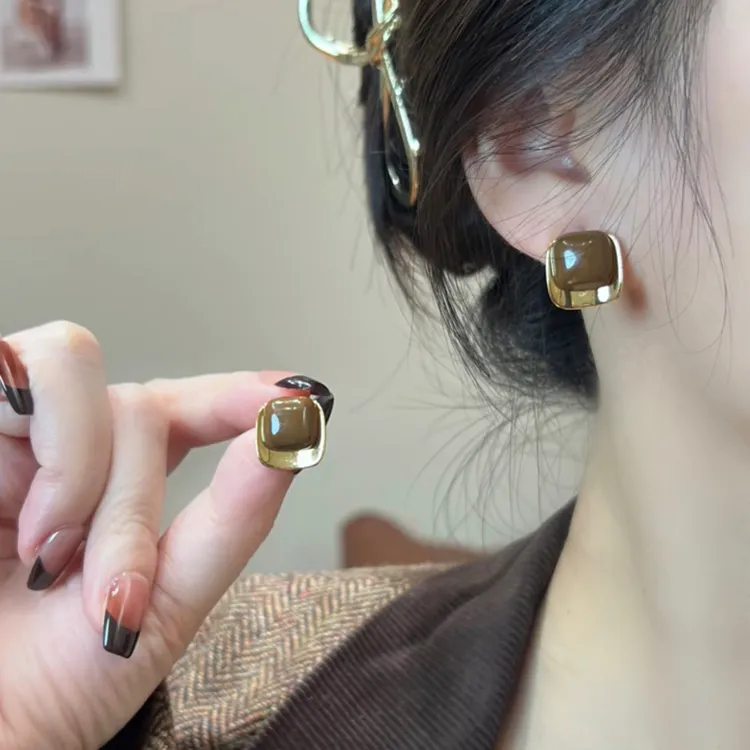 轻奢高级感气质大气咖色不规则方块耳钉新款爆款耳环通勤耳饰7254