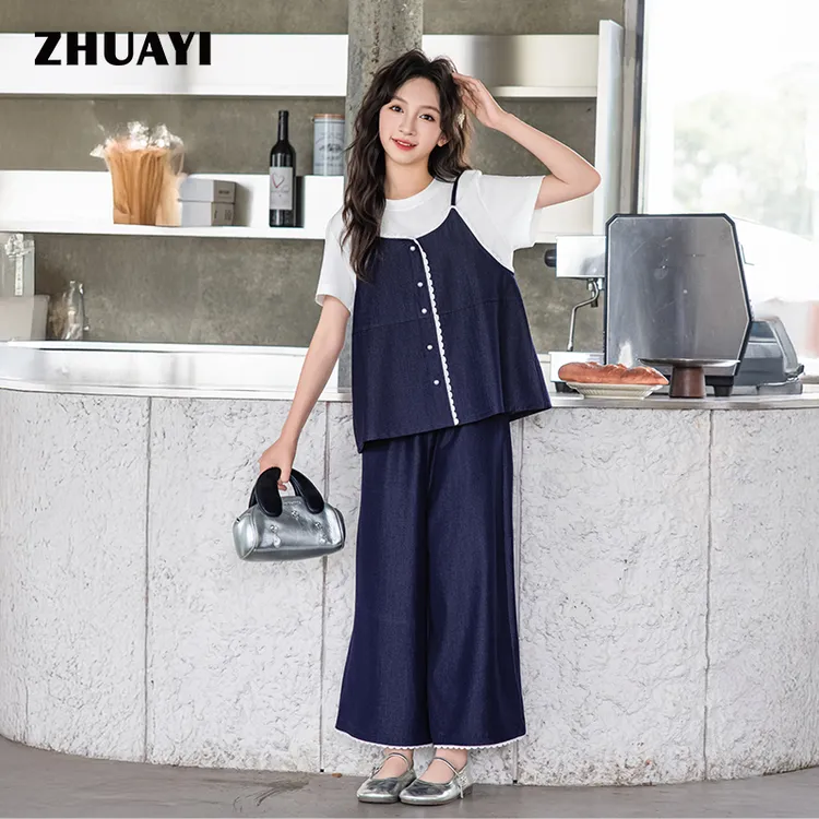 2025夏季显瘦套装假两件背带两件套休闲宽松气质套装（25217369）2