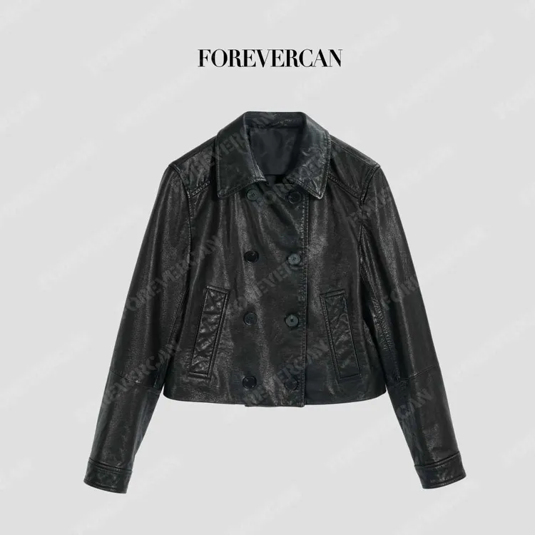 FOREVERCAN“约克郡”客定油蜡感牛皮双排扣夹克皮衣外套SC23699