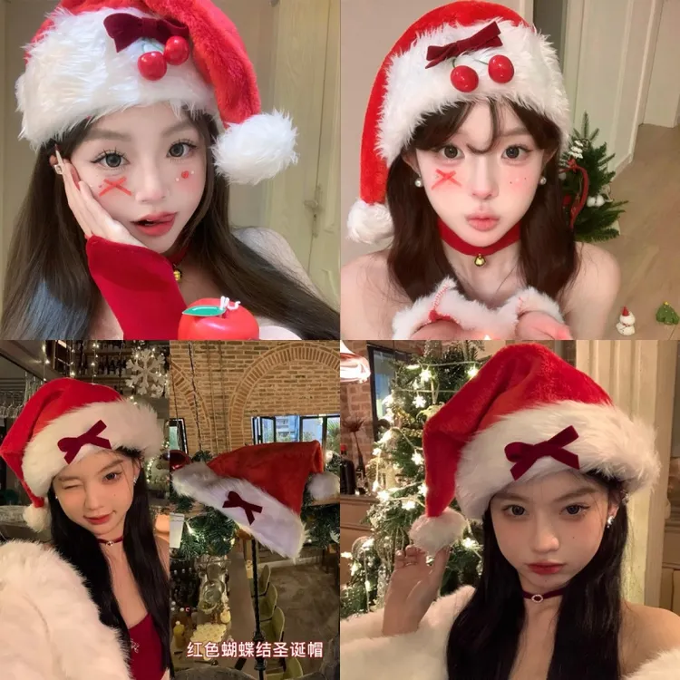 2025新款红色樱桃蝴蝶结圣诞帽冬季黑色毛绒拍照氛围感出片头饰帽