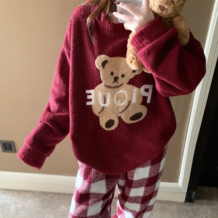 珊瑚绒睡衣女秋冬季仿半边绒大码加厚25新款红格熊套装冬天家居服